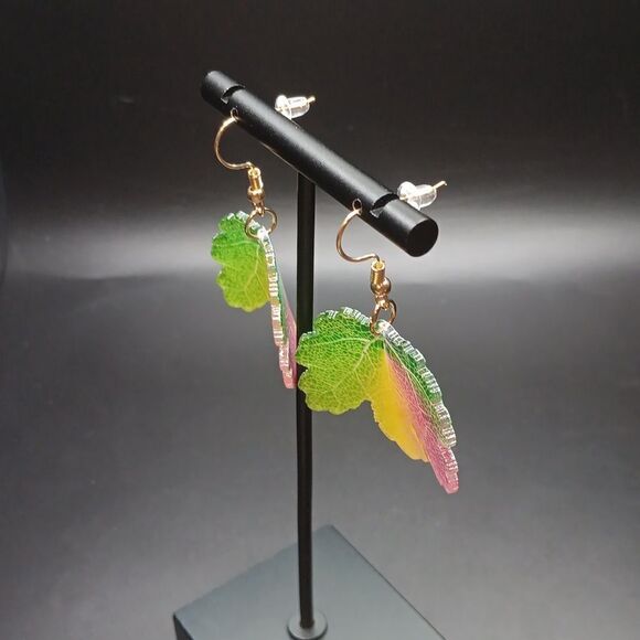New Colorful Enamel Maple Leaf Goldtone Fall Earrings - Picture 3 of 4